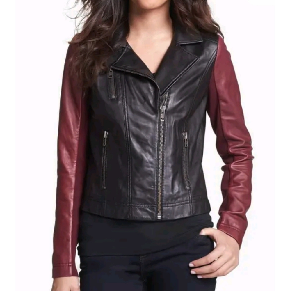 Halogen Black and Red Leather Asymmetric Zip Jacket Size S